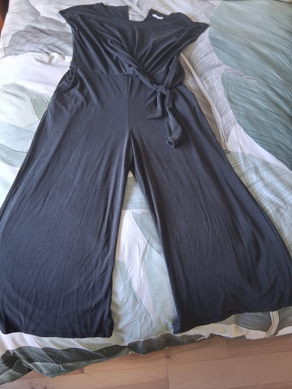 Wide-Leg Black Jumpsuit with Wrap Tie